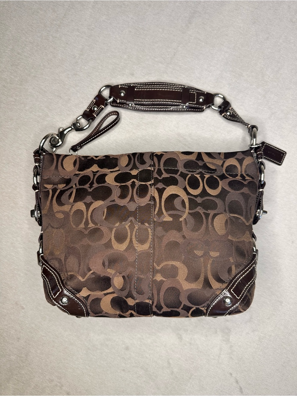 Coach Carly Optic Hobo Mocha Signature Monogram Shoulder Bag Inside is Clean